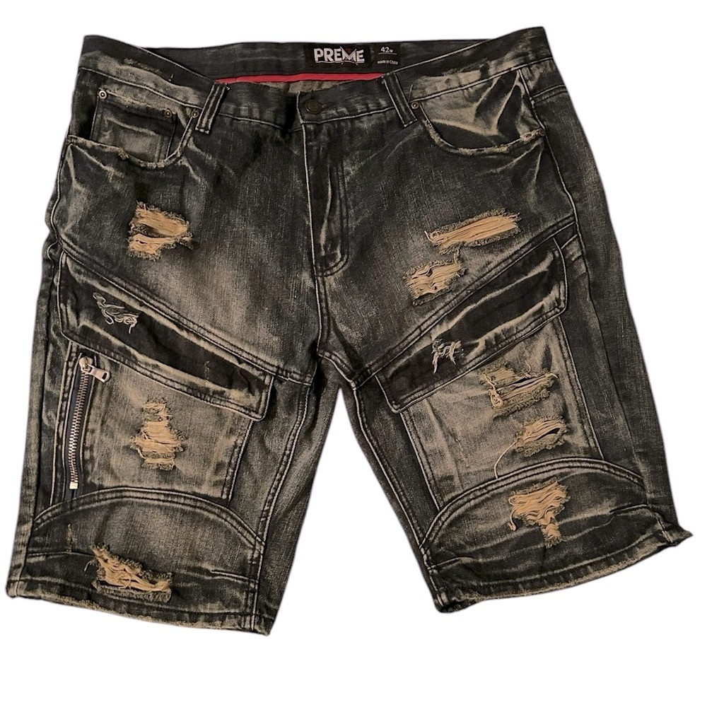 Preme Shorts Adult 42x11 Dark Denim‎ Distressed Ripped Skater Jean Thrashed Mens
